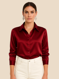 Adriana | Damen Satinbluse Langarm Hemdkragen Luxuriös Business Elegant in Rot