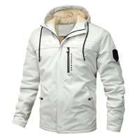 Herren winddichte Softshelljacke mit verstellbarer Kapuze und Innenfutter in Ecru