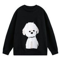 Damen Oversized Rundhals Pullover mit Hundemotiv in Graphit Schwarz