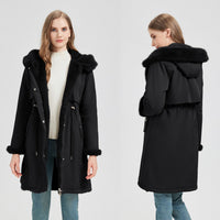 Damen langer Parka mit abnehmbarer Kapuze und taillenverstellbarem Kordelzug in Schwarz