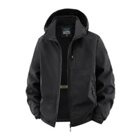 Herren Softshelljacke im Tactical-Stil mit versteckter Kapuze und Brusttasche in Schwarz