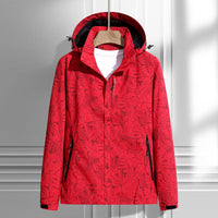 Damen leichte Regen- und Windjacke mit Kapuze und Blattmuster in Damen - Knallrot