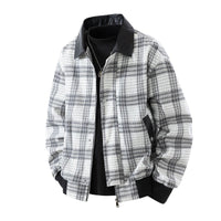 Herren karierte Overshirt-Jacke mit Kunstlederkragen und warmem Innenfutter in Weißgrau