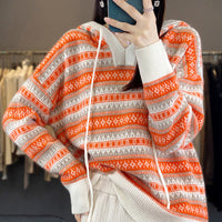 Damen Oversized Hoodie mit V-Ausschnitt und Kordelzug in Orange-Weiß