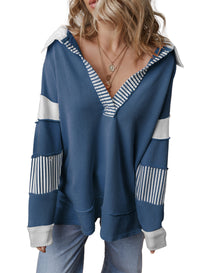 Damen Oversized V-Ausschnitt Gestreifter Sweatshirt in Marineblau