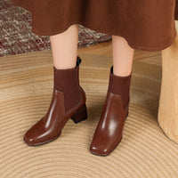 Damen Chunky Stiefeletten mit Strick-Einsatz und robustem Absatz in Dunkelbraun