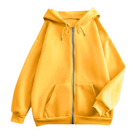 Damen weite Kapuzenjacke mit Reißverschluss, Kängurutaschen und Rippbündchen in Gelb