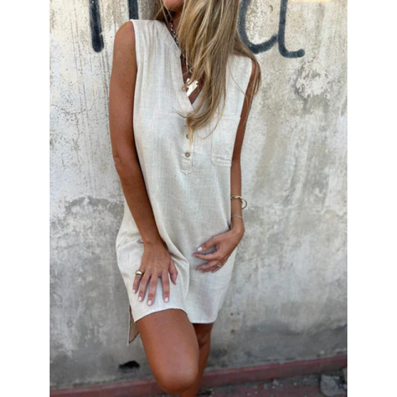Fudus | Leinenkleid Lässig Locker Ärmellos Leinenkleid