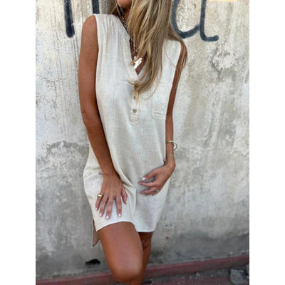 Fudus | Leinenkleid Lässig Locker Ärmellos Leinenkleid