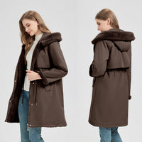 Damen langer Parka mit abnehmbarer Kapuze und taillenverstellbarem Kordelzug in Braun