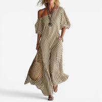 Inoni | Damen Off-Shoulder Gestreiftes Maxikleid in Grau Beige