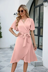 Marie | Damen Sommerkleid V-Ausschnitt Feminin Romantic Leicht Casual in Rosa
