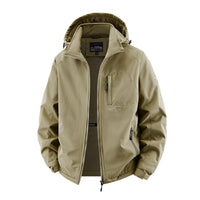 Herren Softshelljacke im Tactical-Stil mit versteckter Kapuze und Brusttasche in Khaki