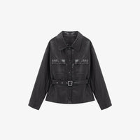 Damen Lederjacke im Oversize-Utility-Stil mit Taillengürtel Nord Taschen in Schwarz