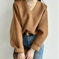 Damen Wolle Pullover mit V-Ausschnitt Nord Taschen in Camel