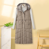 Damen lange Thermo-Steppweste mit Kapuze und Multifunktionstaschen in Khaki