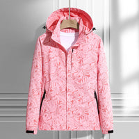Damen leichte Regen- und Windjacke mit Kapuze und Blattmuster in Damen - Rosa