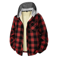 Herren kariertes Overshirt mit Kapuze, Brusttasche und Druckknopfverschluss in Schwarz-Rot