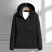Damen leichte Regen- und Windjacke mit Kapuze und Blattmuster in Herren - Schwarz