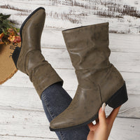 Damen Slouch-Stiefeletten mit Blockabsatz und pflegeleichtem Material in Khaki