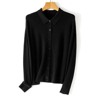 Damen Feiner Knopfcardigan mit Hemdkragen und feinem Feinstrick Nord Taschen in Obsidienschwarz
