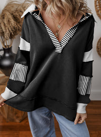 Damen Oversized V-Ausschnitt Gestreifter Sweatshirt in Schwarz
