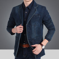 Herren Jeansblazer im schmalen Schnitt mit Used-Effekt und Taschen in Dunkelblau