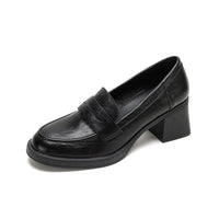 Damen Leder Slip-On-Pumps mit modischem Blockabsatz in Schwarz