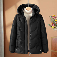 Damen gesteppte Thermo-Outdoorjacke mit Kapuze und Blumenstickerei in Schwarz