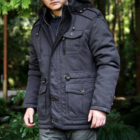 Herren Parka mit Kapuze, Kordelzug, Knöpfen und Taschen in Schwarz