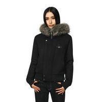 Damen kurze Bomberjacke mit voluminöser Kapuze und Daumenlochbündchen in Schwarz