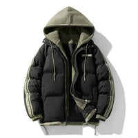 Herren wattierter Parka mit innenliegendem Hoodie und Zwei-Wege-Reißverschluss in Schwarz mit Grünbesatz