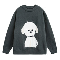Damen Oversized Rundhals Pullover mit Hundemotiv in Galaxie Grau