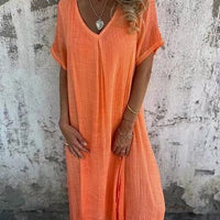 Matilda | Damen Kleid Luftig V-Ausschnitt Leicht Sommer Feminin in Orange