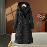 Damen langer gesteppter Wintermantel mit Kapuze und taillierter Silhouette in Schwarz