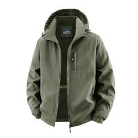Herren Softshelljacke im Tactical-Stil mit versteckter Kapuze und Brusttasche in Olivgrün