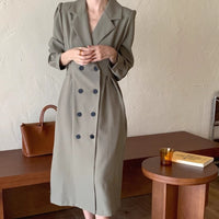 Damen zweireihiges Blazerkleid mit Puffärmeln und langem Revers in Matcha-Grün