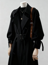 Damen Doppelreihiger Trenchcoat mit Taillengürtel und Ballonärmeln Nord Taschen in Schwarz