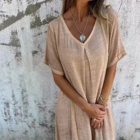 Matilda | Damen Kleid Luftig V-Ausschnitt Leicht Sommer Feminin in Beige