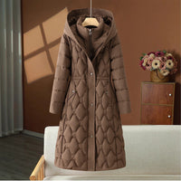 Damen langer gesteppter Wintermantel mit Kapuze und taillierter Silhouette in Braun