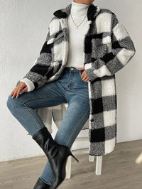Damen Langmantel mit Karomuster und Taschen in Schwarz-Weiße Karos