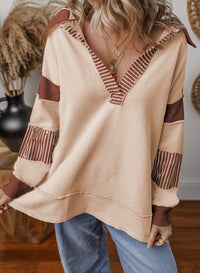 Damen Oversized V-Ausschnitt Gestreifter Sweatshirt in Khaki