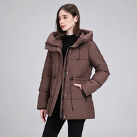Damen wattierter Kapuzenparka mit taillierbarem Kordelzug und Rippbündchen in Braun