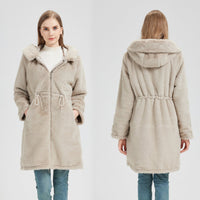 Damen langer Parka mit abnehmbarer Kapuze und taillenverstellbarem Kordelzug in Beigegrau