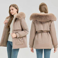Damen Kurzmantel mit Kunstfellkapuze und Tunnelzug in Khaki