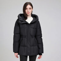 Damen wattierter Kapuzenparka mit taillierbarem Kordelzug und Rippbündchen in Schwarz
