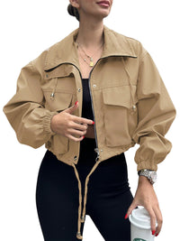 Damen Kurzjacke mit Kordelzug und elastischen Bündchen in Khaki