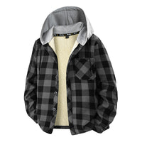Herren kariertes Overshirt mit Kapuze, Brusttasche und Druckknopfverschluss in Schwarz-Grau