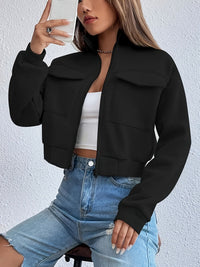 Damen cropped Freizeitjacke mit Taschen und Reißverschluss in Schwarz