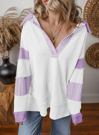Damen Oversized V-Ausschnitt Gestreifter Sweatshirt in Weiß mit Lila